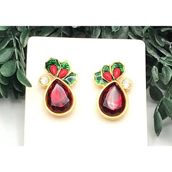Vintage Gold Tone Holly Earrings With Red & Green Enamel Accents - Picture 2 of 4